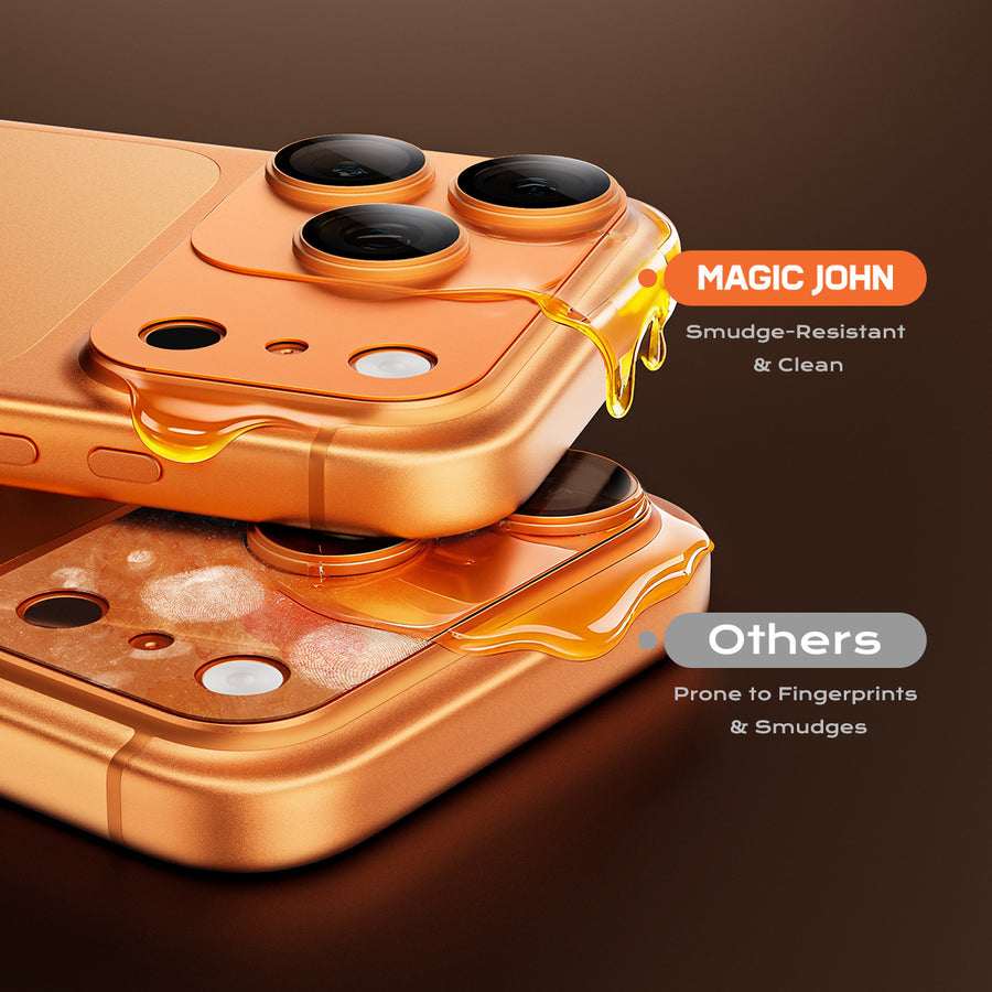 MAGIC JOHN lens protector showing smudge-resistant benefits vs. others prone to fingerprints.