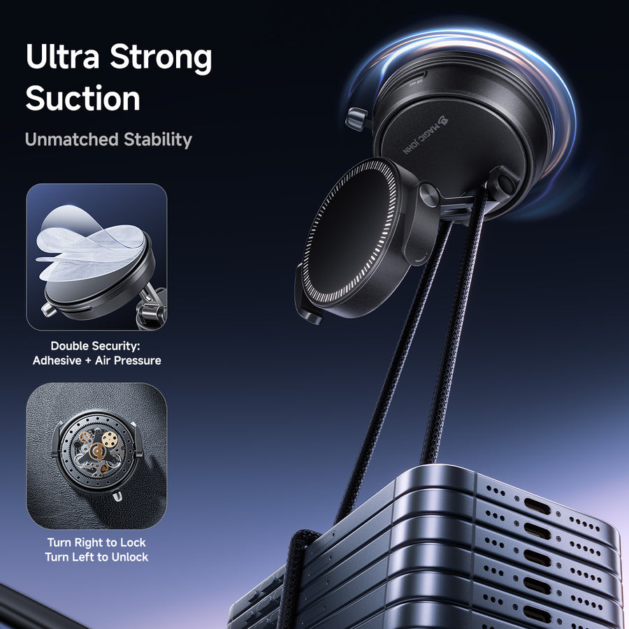 MAGIC JOHN car phone holder with ultra strong suction, double security, and locking mechanism.