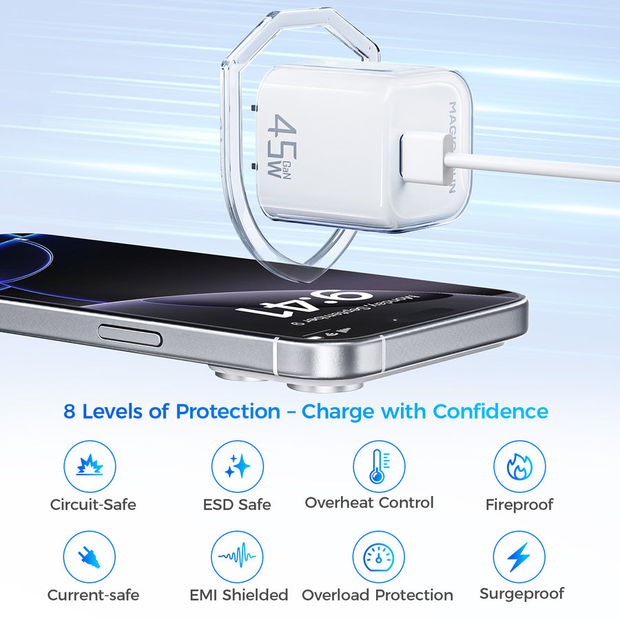 Charging a smartphone with a MAGIC JOHN 45W GaN charger that features 8 levels of protection for maximum device safety.