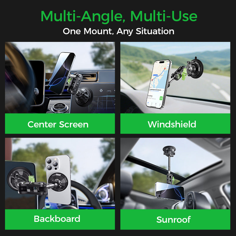 MAGIC JOHN magnetic car mount: center screen, windshield, backboard, sunroof versatility.