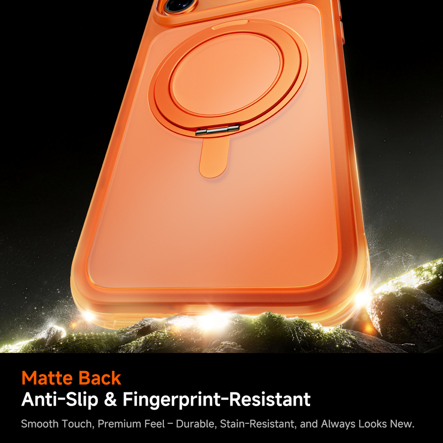 Matte orange iPhone 17 case, fingerprint-resistant, MagSafe, kickstand.
