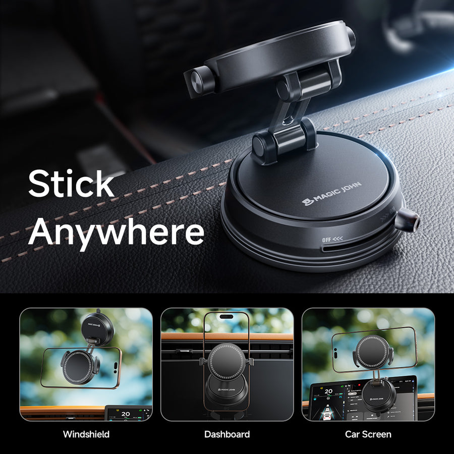 MAGIC JOHN 360° adjustable car phone holder: magnetic grip, mounts on windshield, dashboard, screen. Strong, stable, versatile.