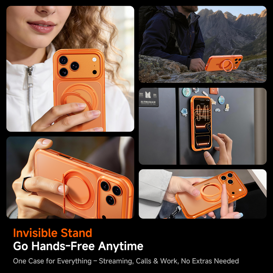 Orange MAGIC JOHN iPhone 17 Guardian case with MagSafe and invisible stand.