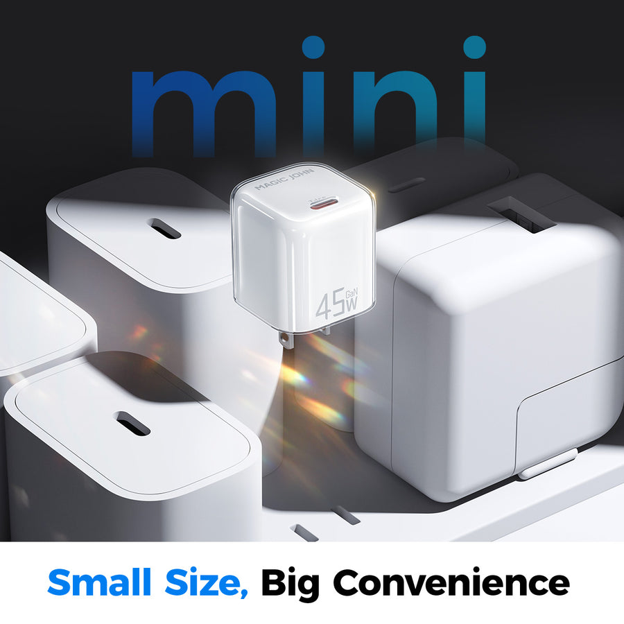 Comparing the ultra-compact MAGIC JOHN 45W GaN charger against larger power adapters to highlight its portable, space-saving design.