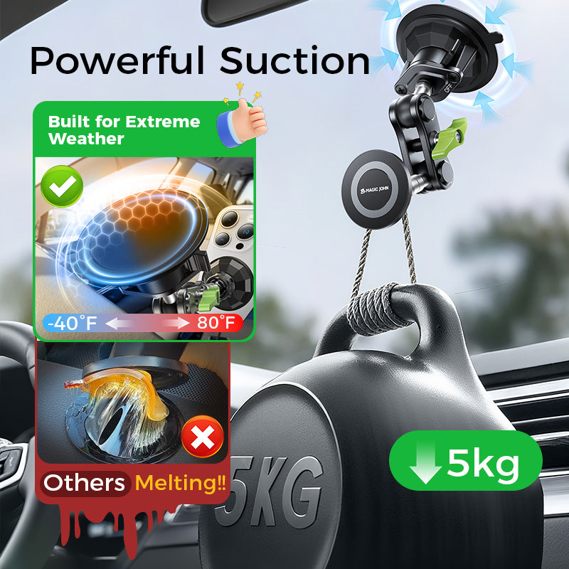 MAGIC JOHN car phone holder with powerful suction, tested for extreme weather (-40°F to 80°F), holding a 5kg weight.