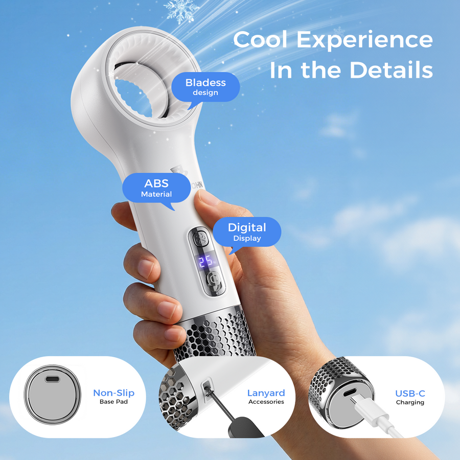 MAGIC JOHN Handheld Bladeless Fan with digital display, USB-C charging, ABS material.