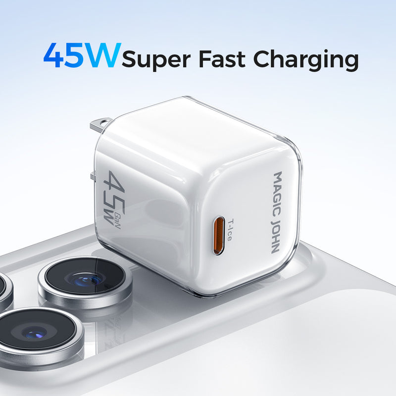 White 45W USB-C fast charger by MAGIC JOHN with GaN technology, compact design, compatible with iPhone 17/16/15 Pro Max/Air.