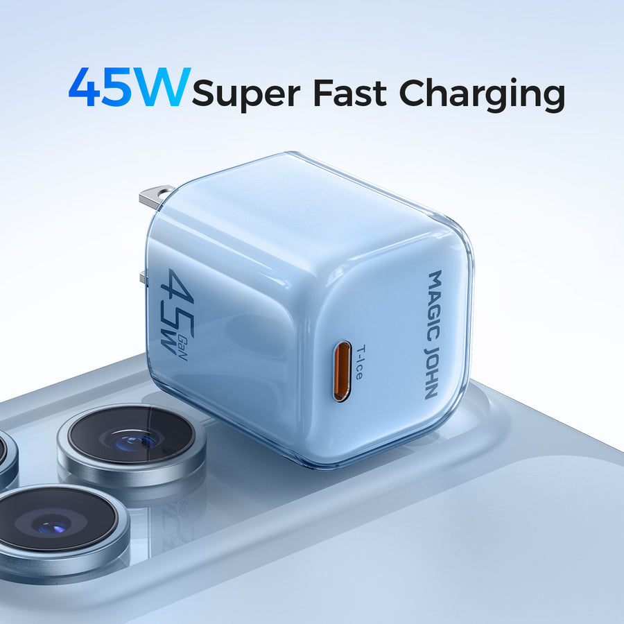 MAGIC JOHN 45W USB-C fast charger, light blue, '45W GaN' and 'MAGIC JOHN' branding, T-Ice port. On smartphone camera.
