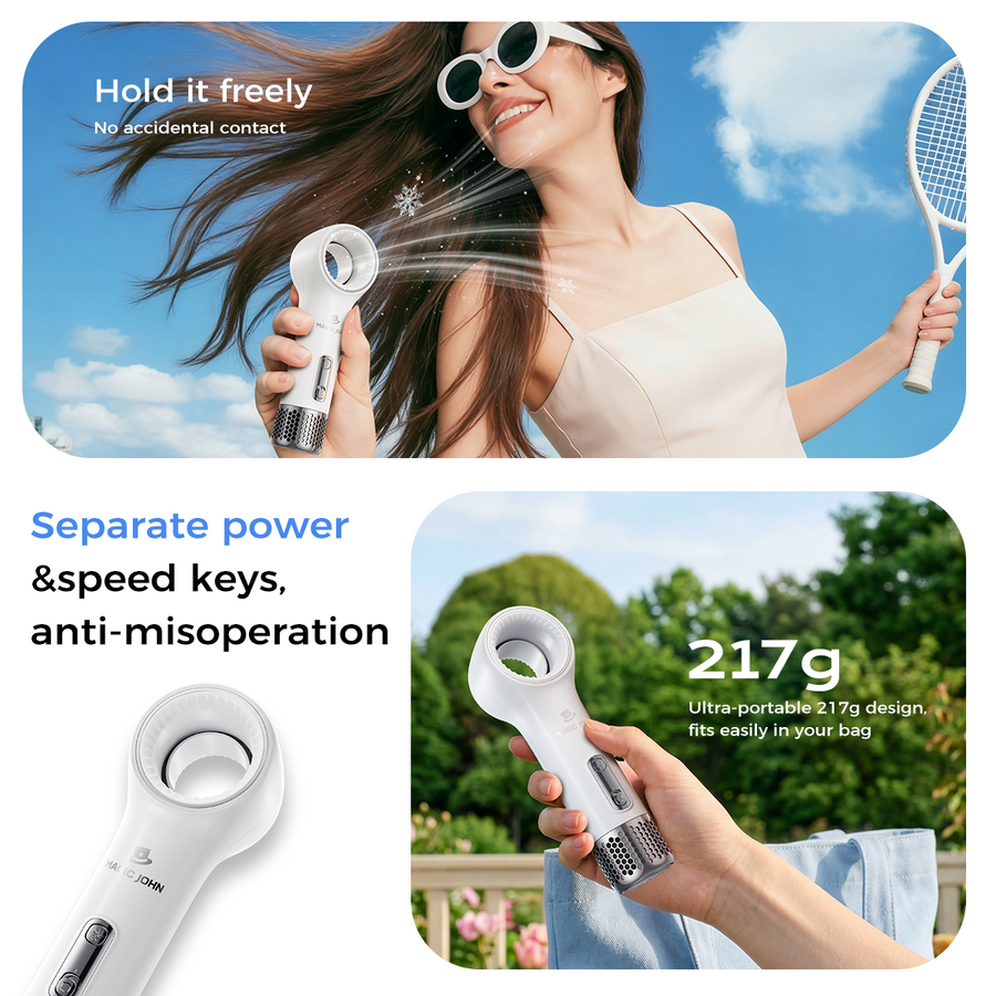 White MAGIC JOHN ultra-portable handheld bladeless fan, 217g, safe cooling.