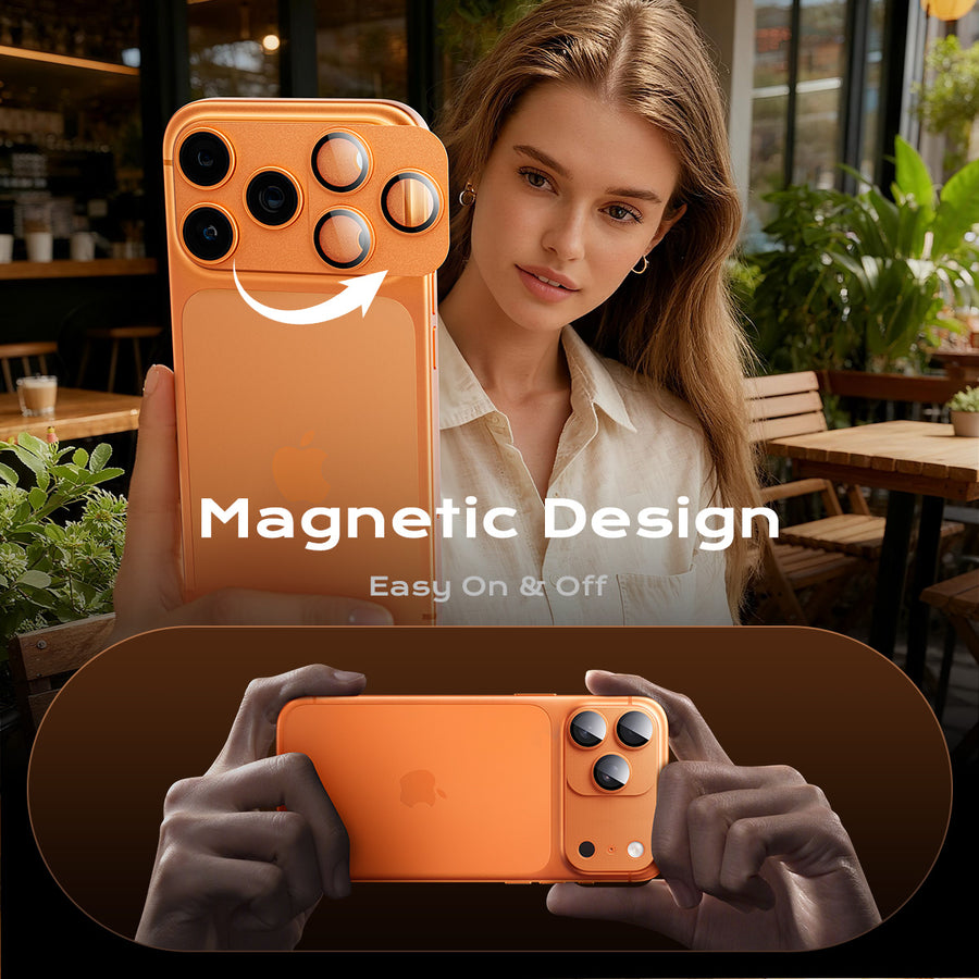 MAGIC JOHN Magnetic Lens Protector for iPhone, orange, with easy on/off snap design.
