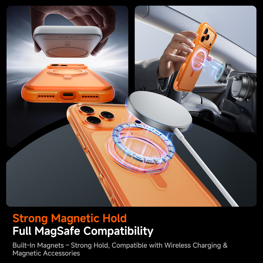 Orange MAGIC JOHN iPhone 17 Guardian case attaching magnetically to MagSafe charger and car mount.