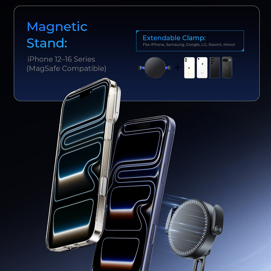 MAGIC JOHN magnetic car phone holder, extendable clamp, fits iPhone, Samsung, Google, LG, Xiaomi, Honor. MagSafe compatible.