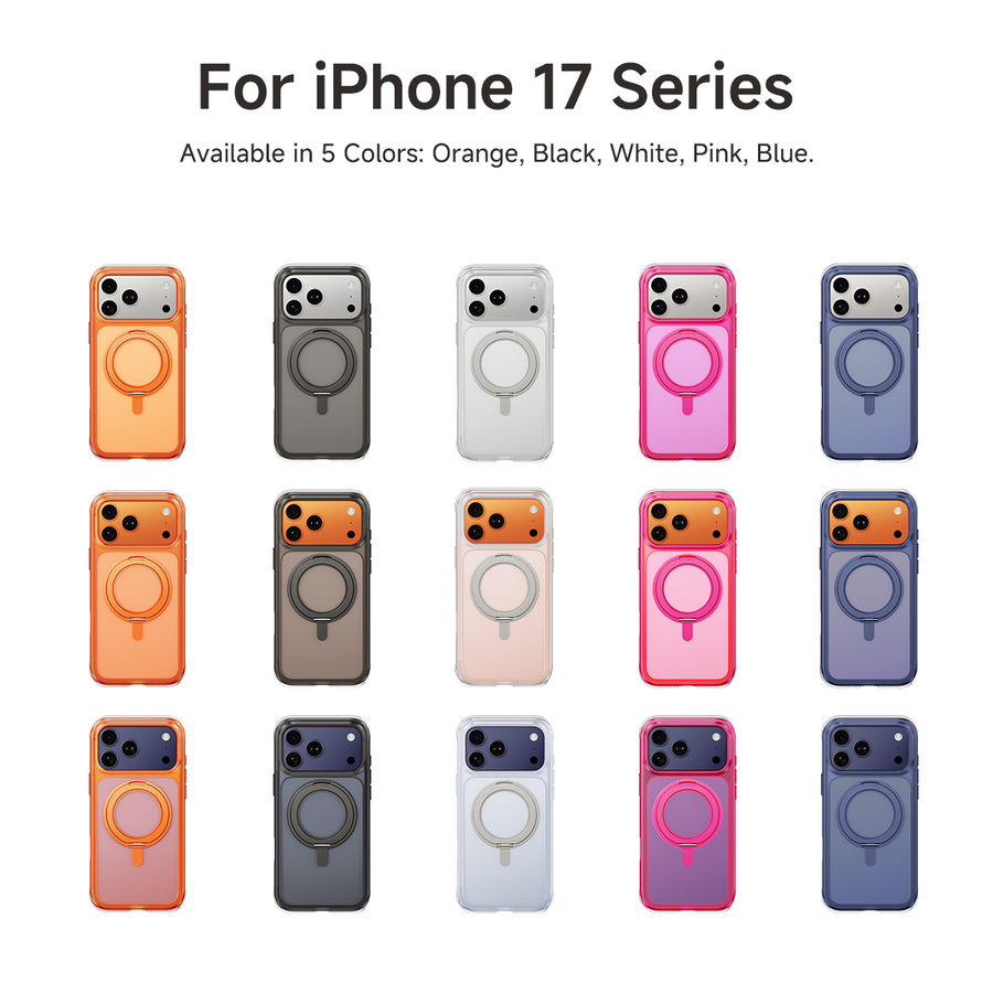 MAGIC JOHN iPhone 17 MagSafe kickstand case in 5 colors: orange, black, white, pink, blue.