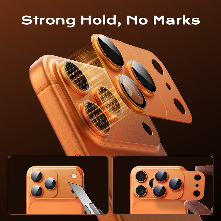Attaching a MAGIC JOHN magnetic lens protector to an orange iPhone camera for secure, mark-free protection.