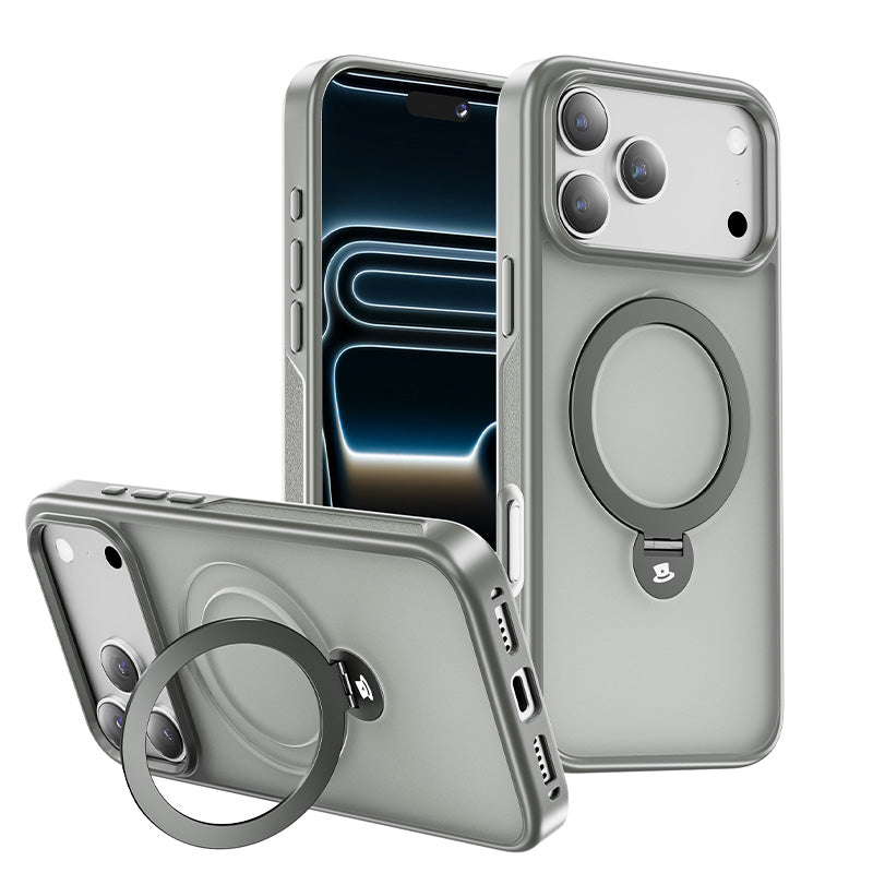 Invisible magnetic stand iPhone 17 Pro Max case in gray with 360° rotatable ring