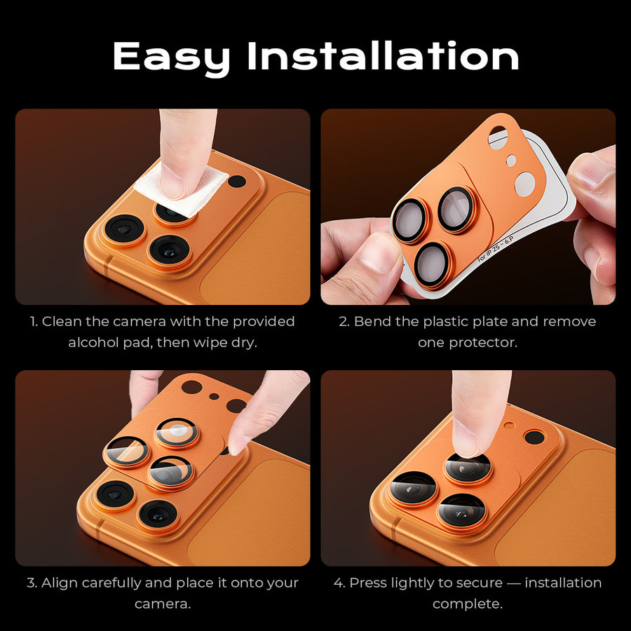 MAGIC JOHN Magnetic Lens Protector installation guide: clean camera, align and secure lens protector.