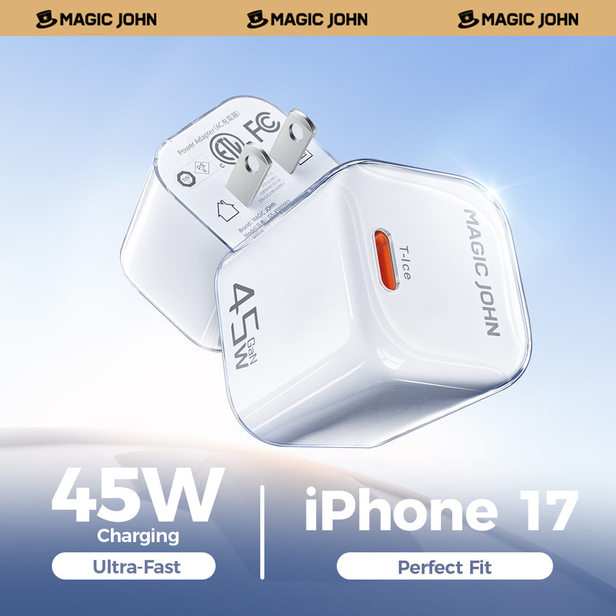 MAGIC JOHN 45W GaN fast charger for iPhone 17, ultra-fast charging, compact adapter.