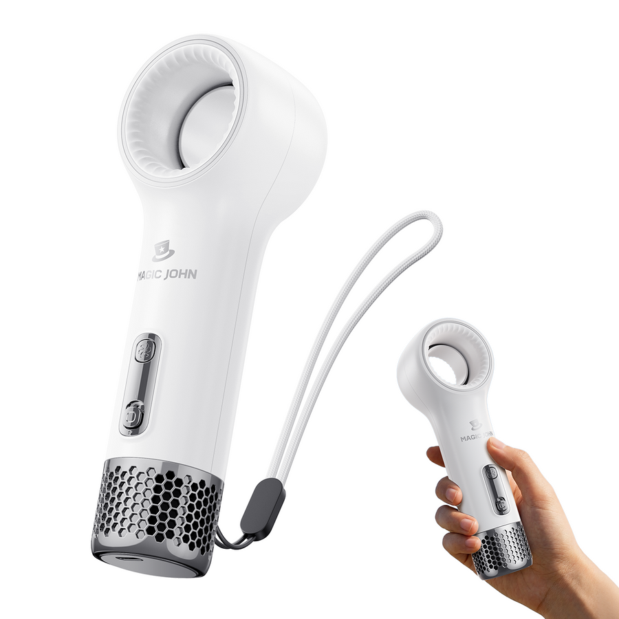 White MAGIC JOHN bladeless handheld fan shown in detail and being held for portability