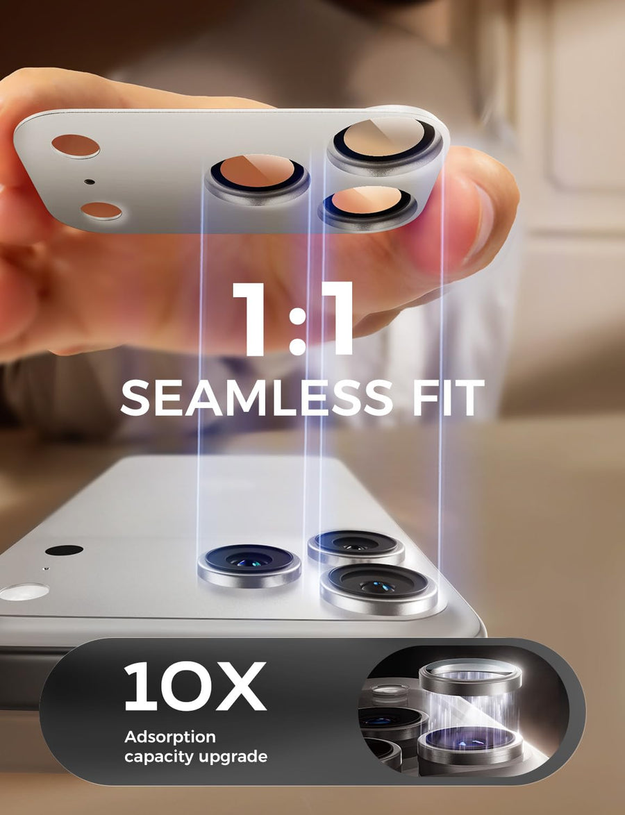Phone case with camera lens protector showing '1:1 Seamless Fit' and '10X Adsorption capacity upgrade' text.#color_silver