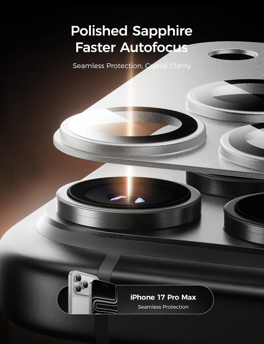 Smartphone with camera lens and protective film labeled 'Polished Sapphire' on a dark background.#color_silver