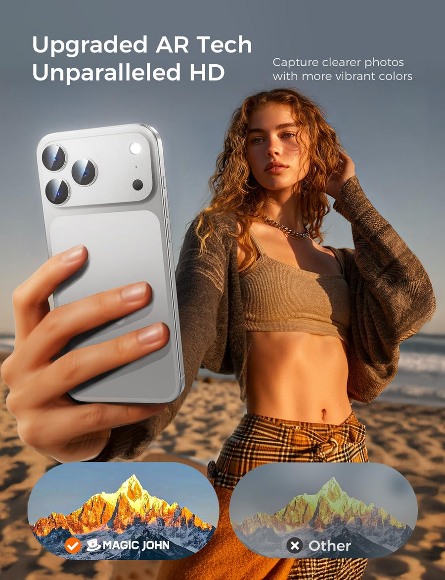 Person taking a selfie with a phone on a beach, showcasing upgraded AR tech and HD capture capabilities.#color_silver