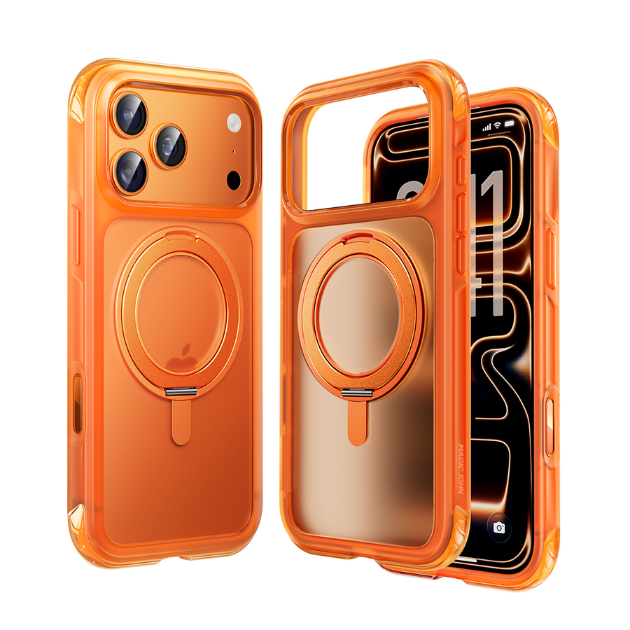 Orange MAGIC JOHN iPhone 17 Guardian case: Magsafe, hidden kickstand, air cushion protection.