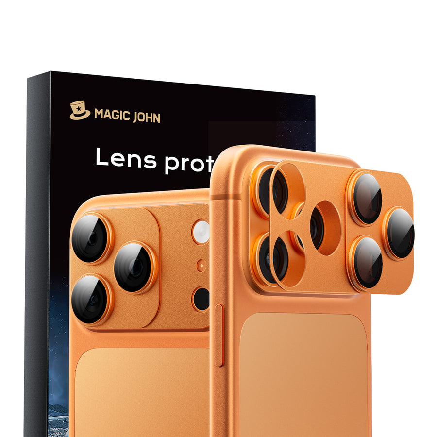 Snapping a MAGIC JOHN magnetic lens protector onto an orange iPhone camera for a secure and scratch-free hold.