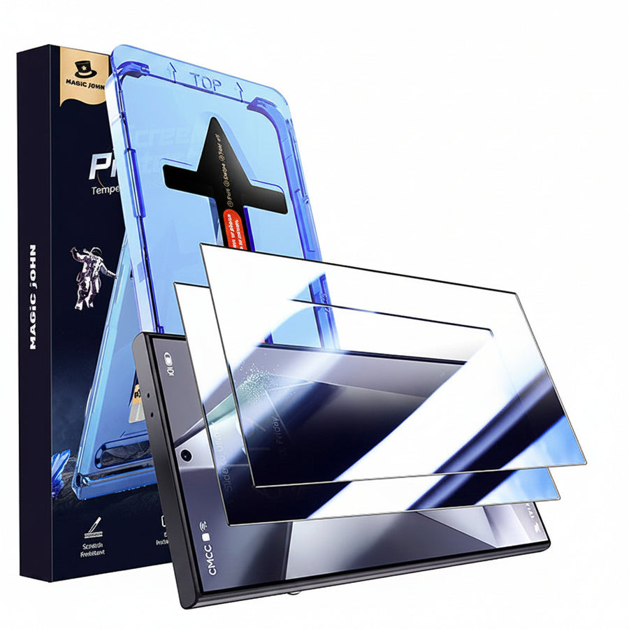 Smartphone with screen protector and Magic John packaging on a white background