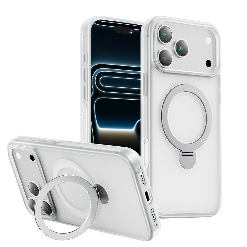 A white MAGIC JOHN magnetic stand case rotating its built-in ring to support the phone for hands-free viewing.