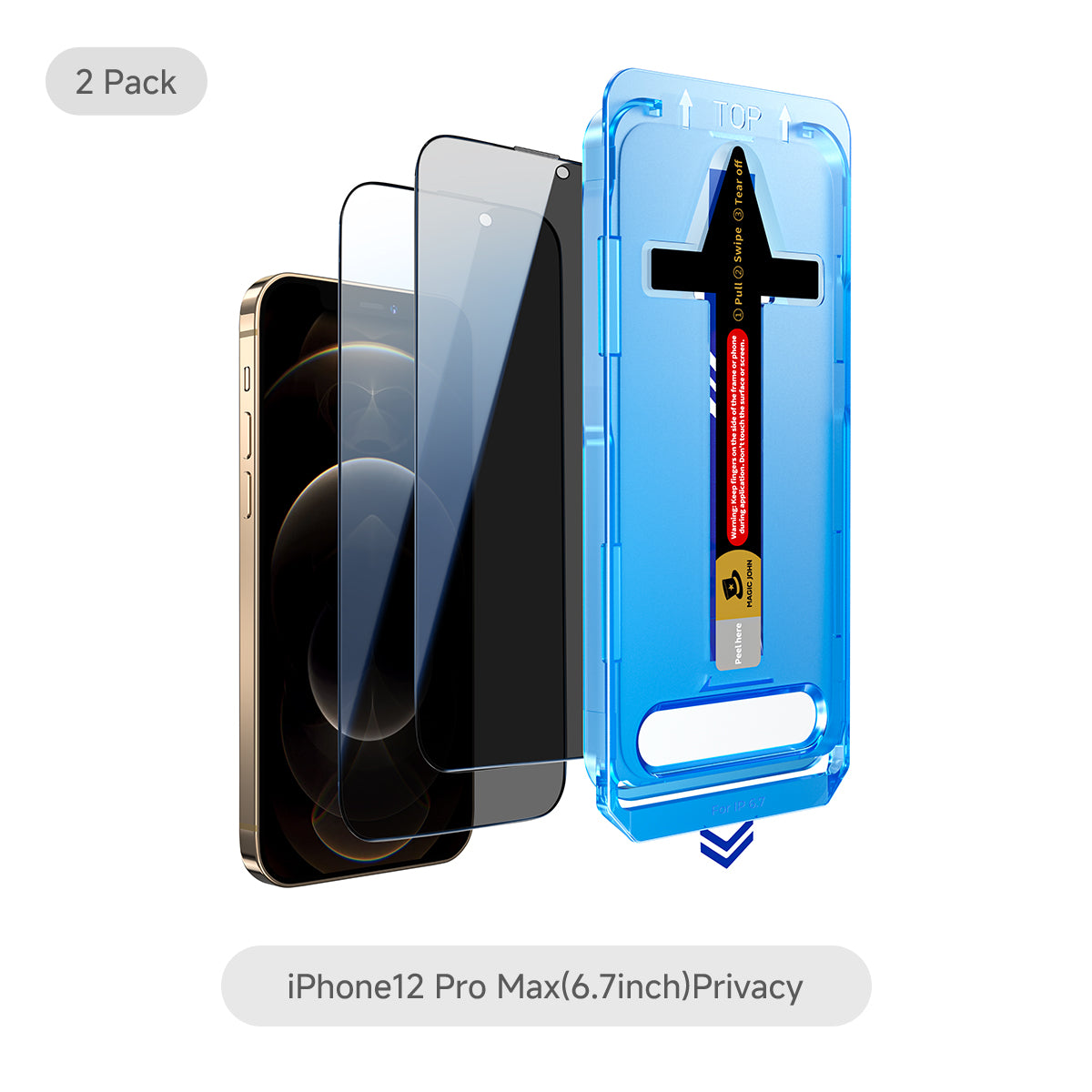 Two iPhone 12 Pro Max privacy screen protectors with a blue case on a white background.