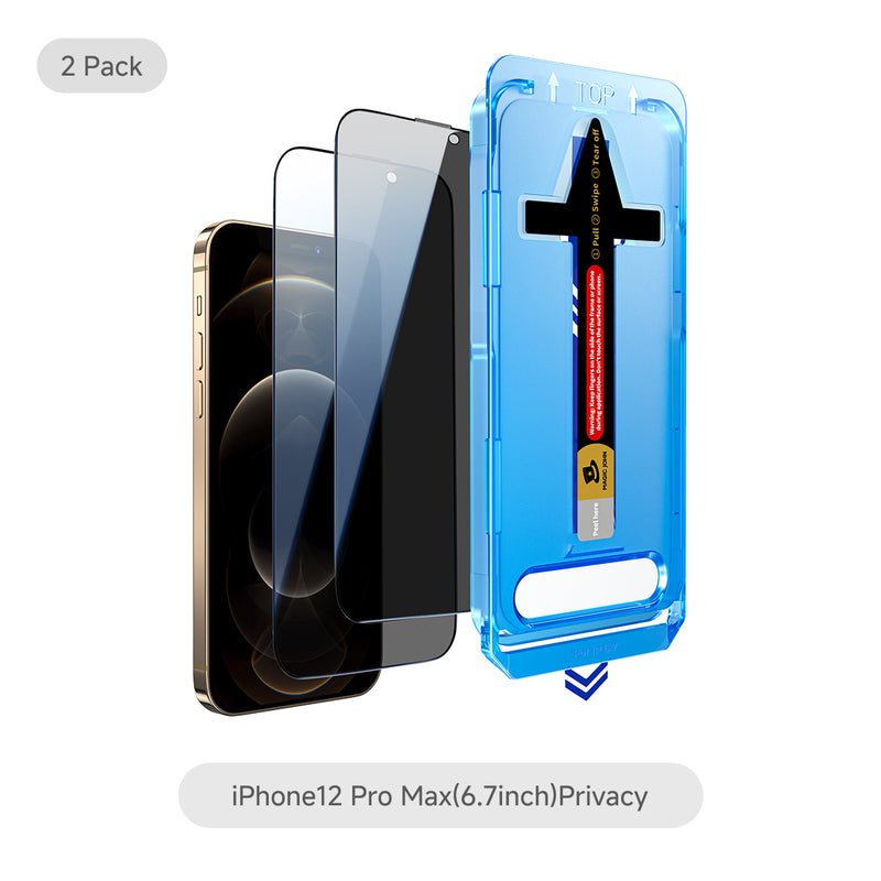 Two iPhone 12 Pro Max privacy screen protectors with a blue case on a white background.