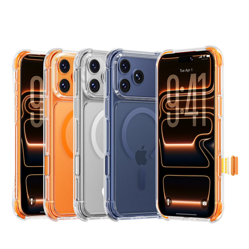 Four phone cases with different designs and colors on a white background, featuring the Magic John brand.