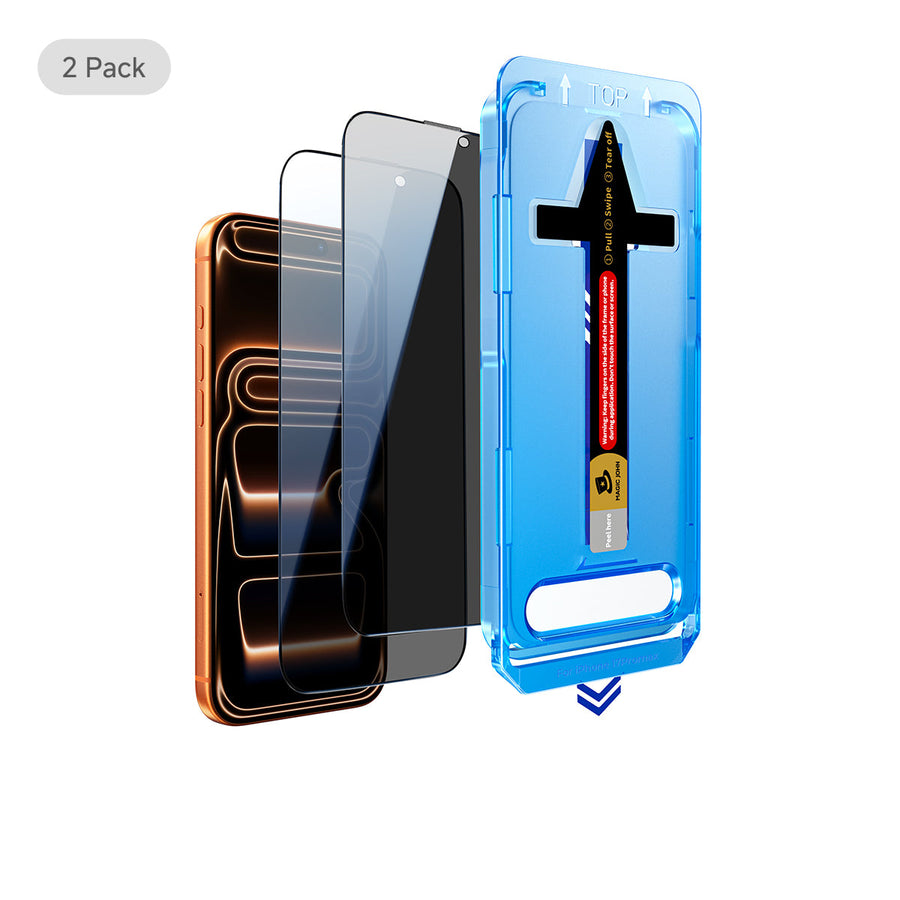 Two phone screen protectors with a blue packaging case on a white background