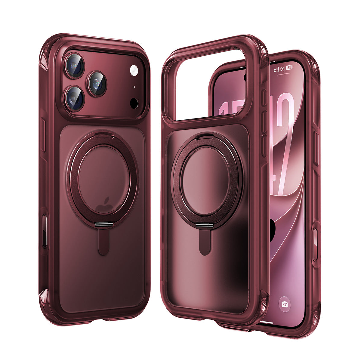 Three views of a dark burgundy phone case with a built-in MagSafe ring and kickstand, shown on a white background.