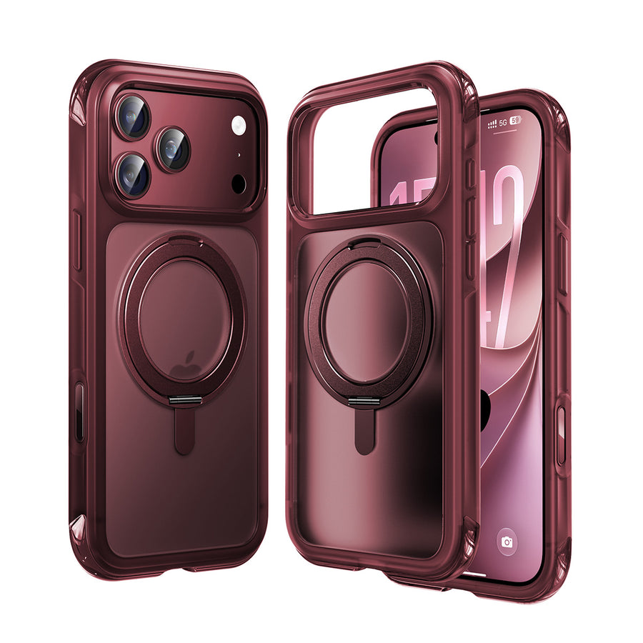 Three views of a dark burgundy phone case with a built-in MagSafe ring and kickstand, shown on a white background.