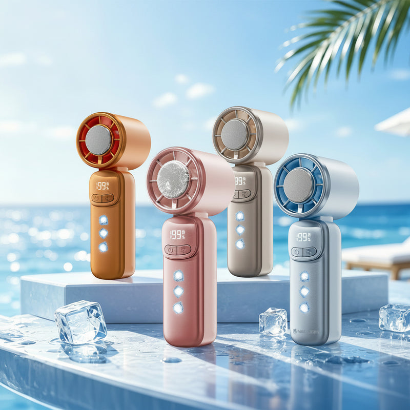 Four handheld fans in different colors on a poolside background with 'Magic John' branding.