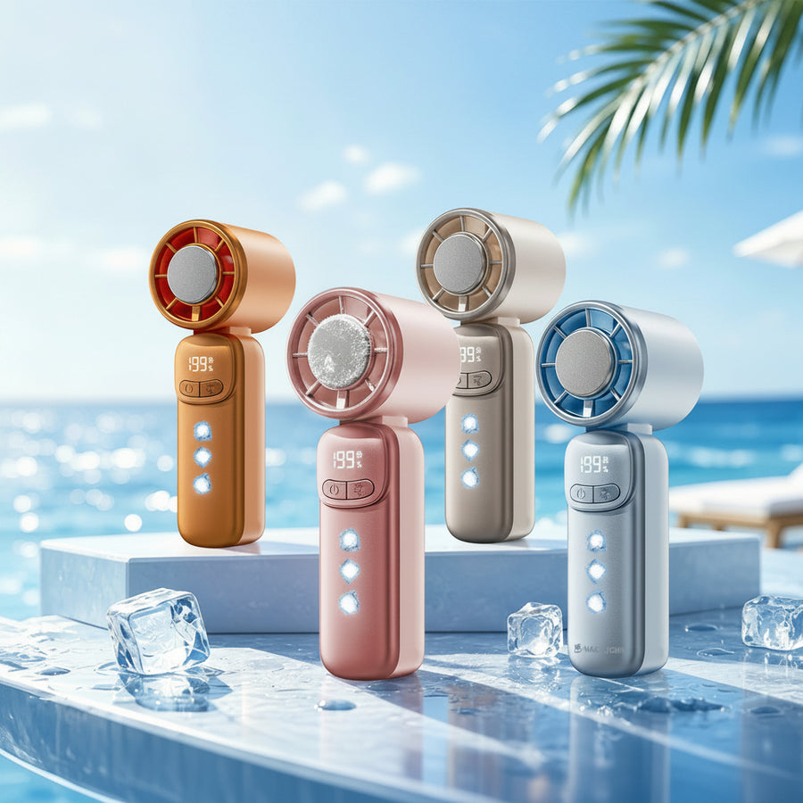 Four handheld fans in different colors on a poolside background with 'Magic John' branding.