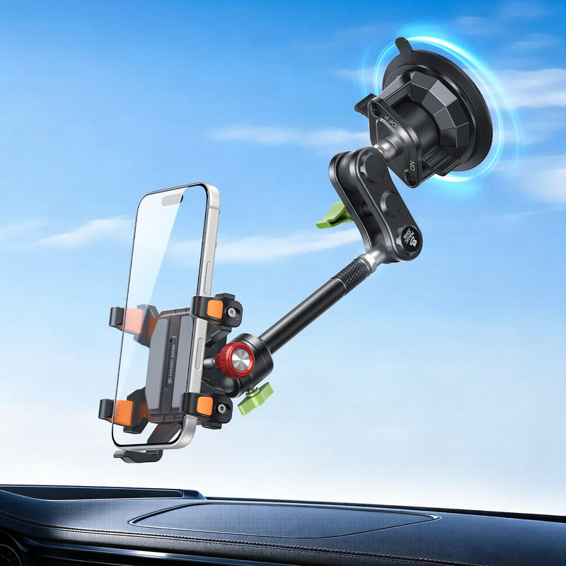 Phone holder with adjustable arm on a car dashboard against a blue sky background